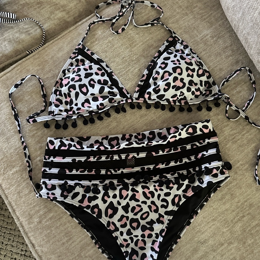 Leopard Print Bikini Set with Pom Pom Trim
